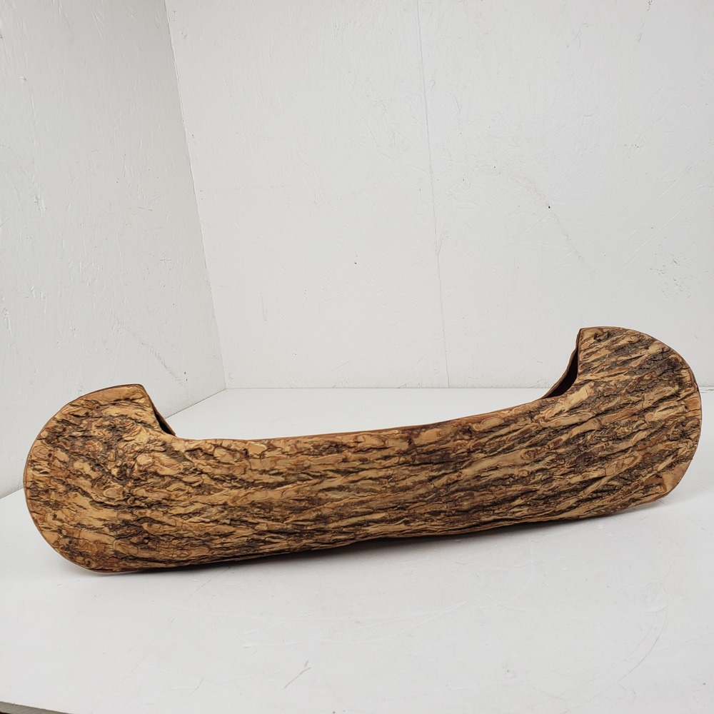 Vintage 18" Hand Engraved Native American Rough Elm Bark Canoe Folk Art Cabin